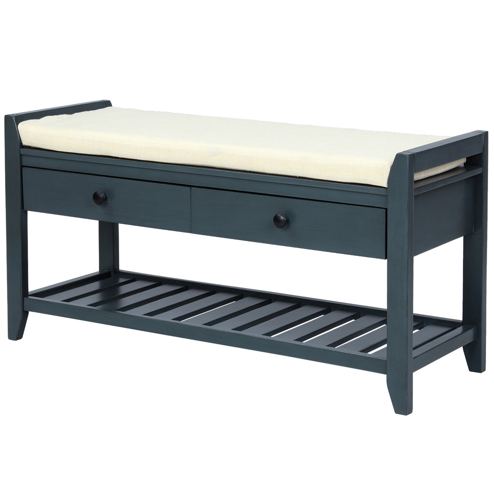 Shoe Rack with Cushioned Seat and Drawers, Multipurpose Entryway Storage Bench, Antique Navy, Solid Pine Wood, 39.00 x 14.00 x 19.80 inches