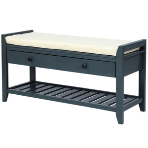 Shoe Rack with Cushioned Seat and Drawers, Multipurpose Entryway Storage Bench, Antique Navy, Solid Pine Wood, 39.00 x 14.00 x 19.80 inches