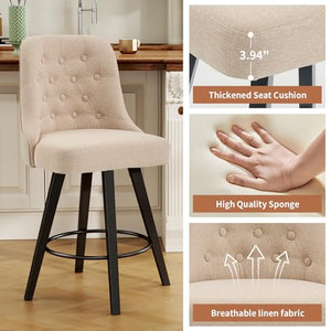 Viroformo 26" Linen Fabric Upholstered Counter Height Bar Stools with Backs and Wood Legs, 360° Swivel, Modern Mid-Century Dining Chairs for Kitchen Island