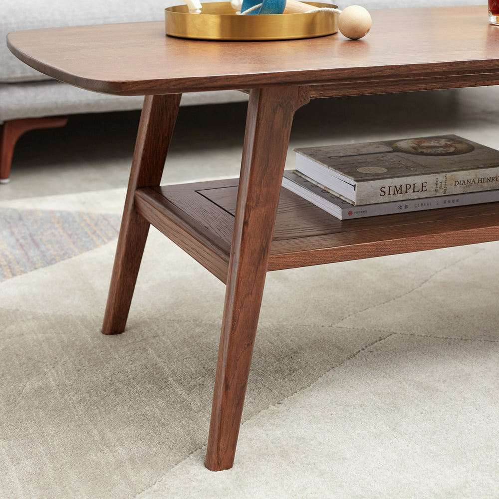 Center Low Table 100% Solid Oak Wood Top Coffee Table with Storage Shelf