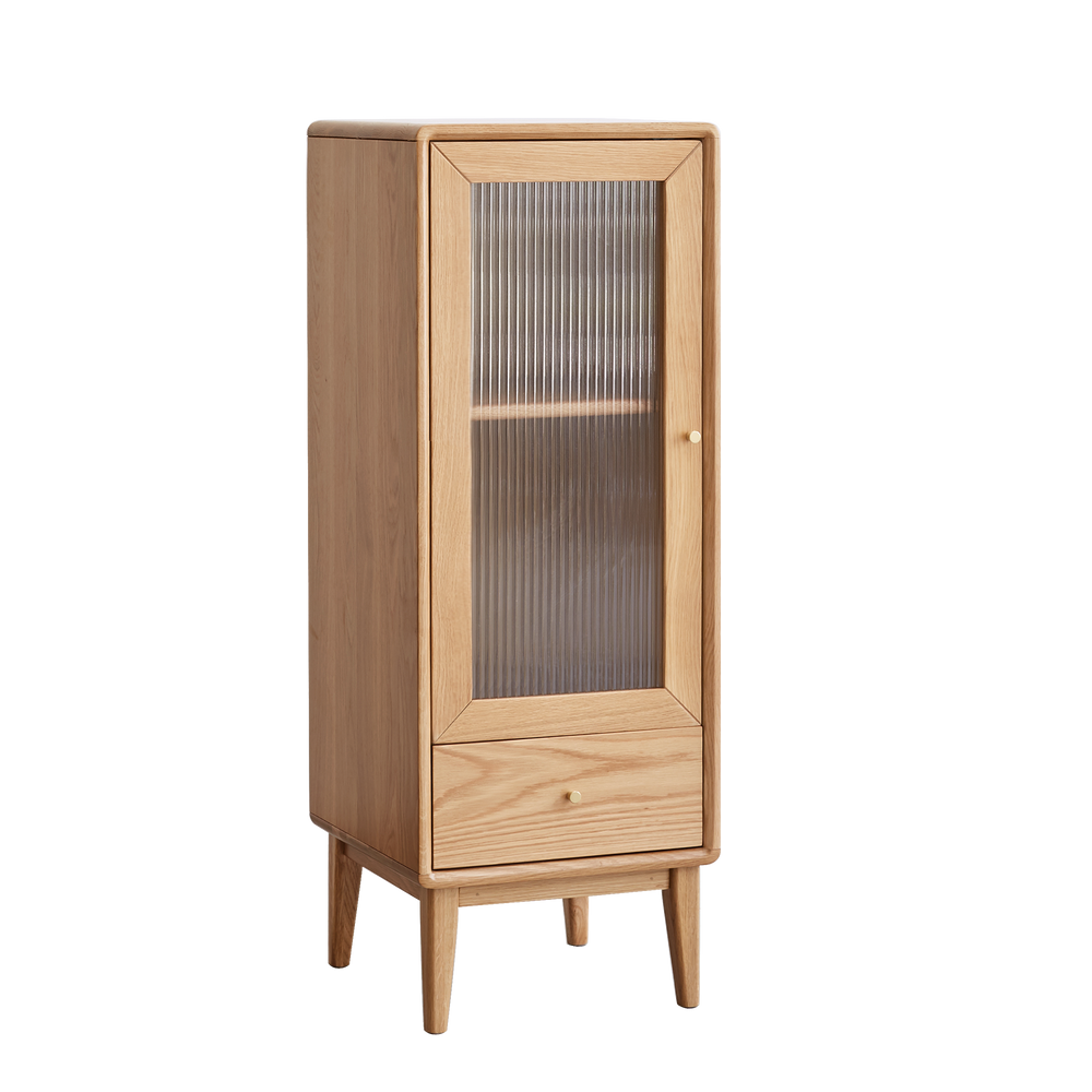Solid Oak Storage Cabinet with Vintage Glass Door and Brass Handle, 2 Shelves, 1 Drawer - Free-Standing Corner Design for Living Room