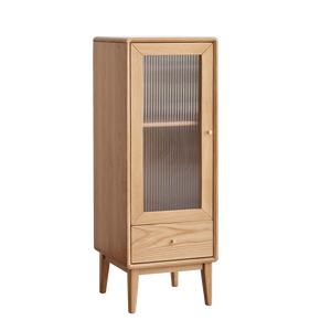 Solid Oak Storage Cabinet with Vintage Glass Door and Brass Handle, 2 Shelves, 1 Drawer - Free-Standing Corner Design for Living Room