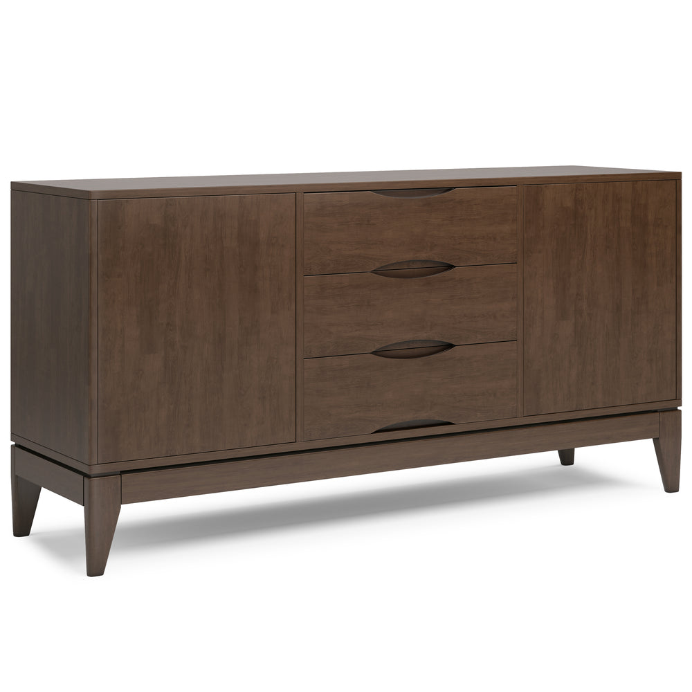 Modern wooden sideboard in dark brown finish featuring four drawers and two cabinet doors, elevated on sleek tapered legs.