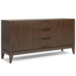 Modern wooden sideboard in dark brown finish featuring four drawers and two cabinet doors, elevated on sleek tapered legs.