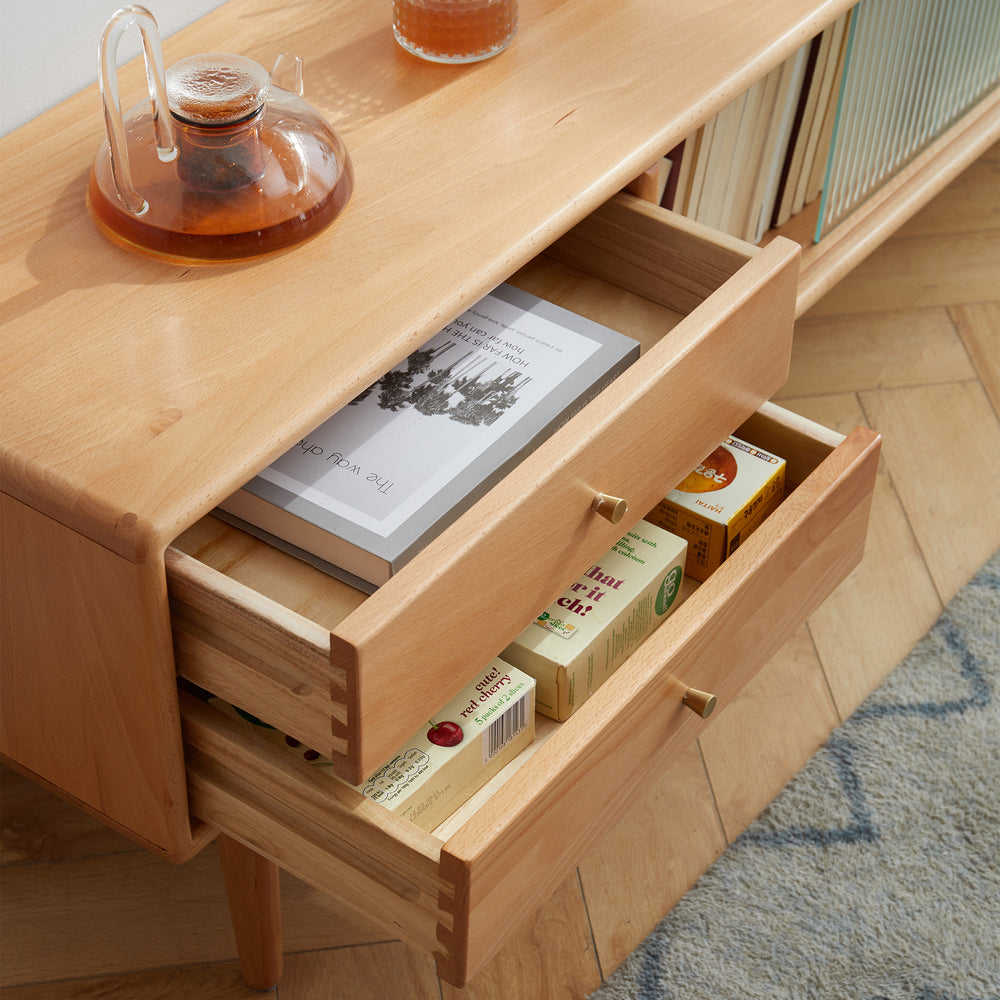 North America A Grade Solid Beech TV Cabinet With Chinese Changhong Glass Doors, 2 Drawer Storage Space TV Standing