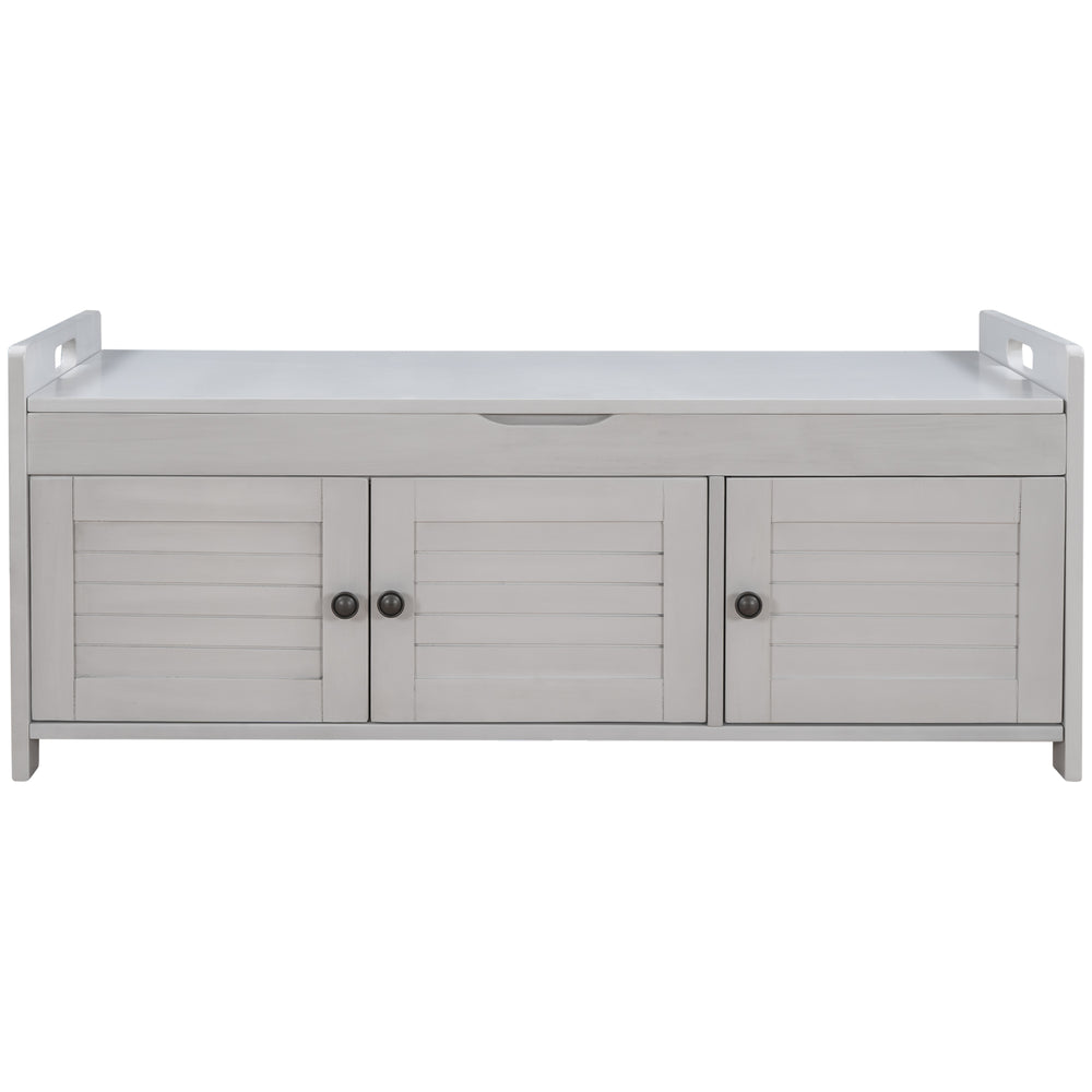 Rustic Storage Bench with Shutter-shaped Doors, Removable Cushion, Hidden Storage Space, Gray Wash, Pine Wood MDF, 43.5''L