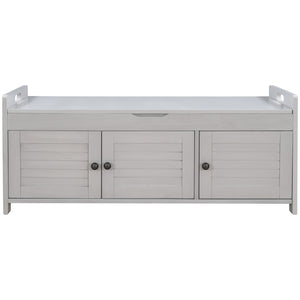 Rustic Storage Bench with Shutter-shaped Doors, Removable Cushion, Hidden Storage Space, Gray Wash, Pine Wood MDF, 43.5''L