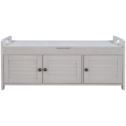 Rustic Storage Bench with Shutter-shaped Doors, Removable Cushion, Hidden Storage Space, Gray Wash, Pine Wood MDF, 43.5''L