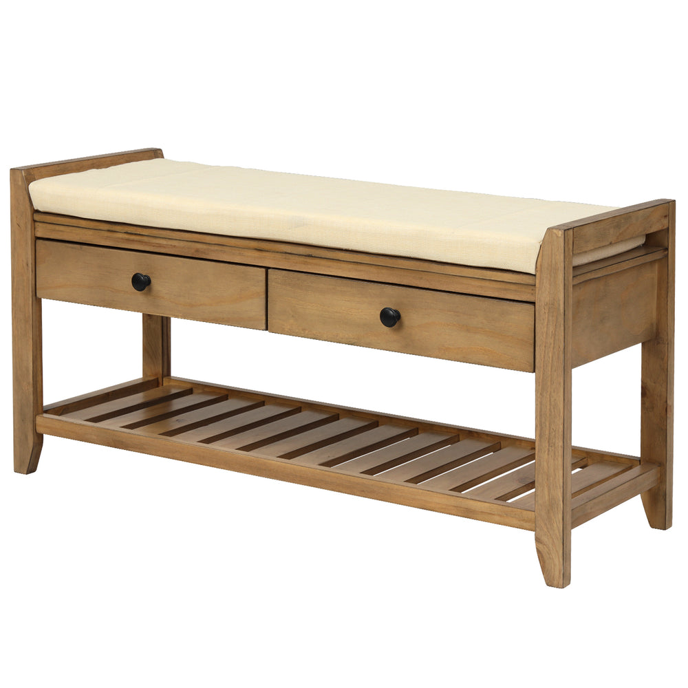 Shoe Rack with Cushioned Seat and Drawers, Multipurpose Entryway Storage Bench, Old Pine, Pine Wood, 39 x 14 inches