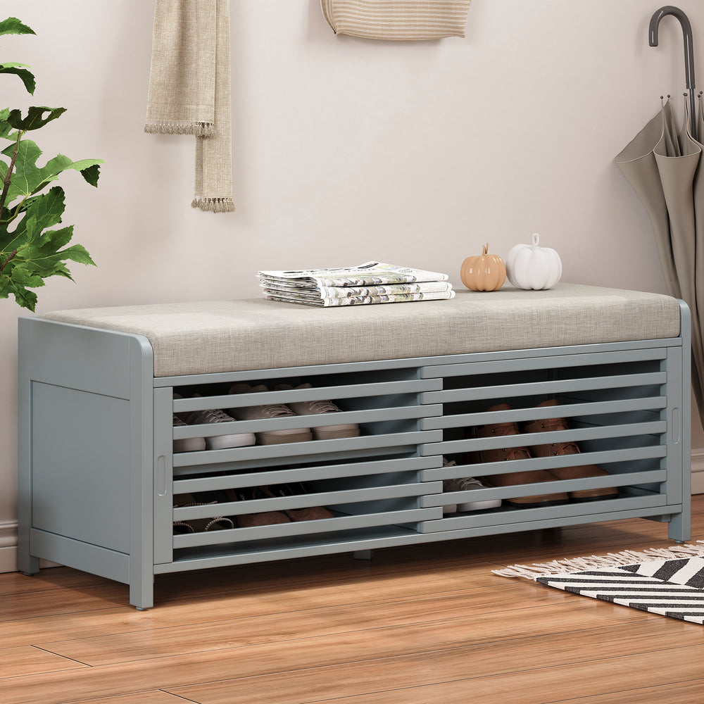 Grey Shoe Bench with Storage and Cushion - Distressed Shutter Design Retro Entryway Bench for Living Room or Hallway