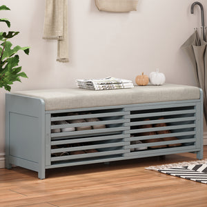 Grey Shoe Bench with Storage and Cushion - Distressed Shutter Design Retro Entryway Bench for Living Room or Hallway