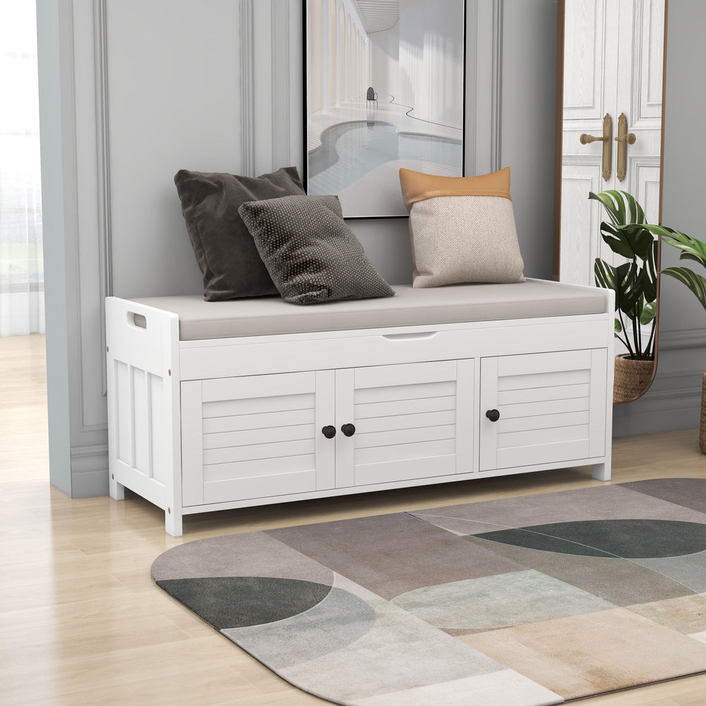 White Rustic Storage Bench with Shutter-Style Doors - Removable Cushion and Hidden Storage, 43.5"