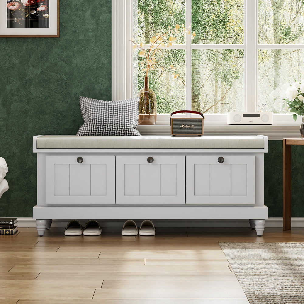 Light Gray Classic Shoe Bench with Cushion and 3 Drawers - Fluted Entryway Storage Bench for Living Room, Entryway, or Hallway