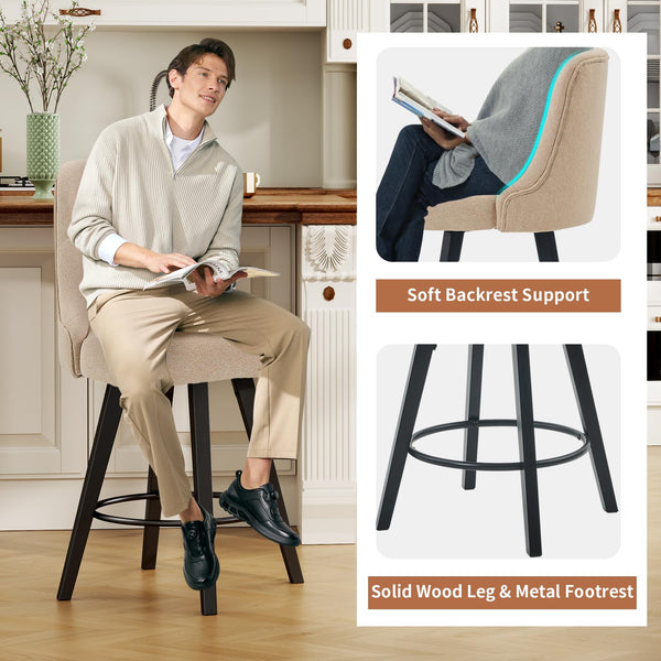 Viroformo 26" Linen Fabric Upholstered Counter Height Bar Stools with Backs and Wood Legs, 360° Swivel, Modern Mid-Century Dining Chairs for Kitchen Island