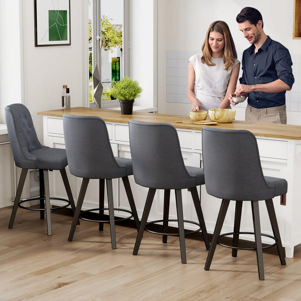 Viroformo 26" Linen Fabric Upholstered Counter Height Bar Stools with Backs and Wood Legs, 360° Swivel, Modern Mid-Century Dining Chairs for Kitchen Island