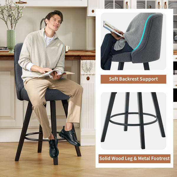 Viroformo 26" Linen Fabric Upholstered Counter Height Bar Stools with Backs and Wood Legs, 360° Swivel, Modern Mid-Century Dining Chairs for Kitchen Island