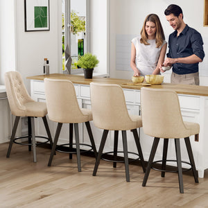 Viroformo 26" Linen Fabric Upholstered Counter Height Bar Stools with Backs and Wood Legs, 360° Swivel, Modern Mid-Century Dining Chairs for Kitchen Island