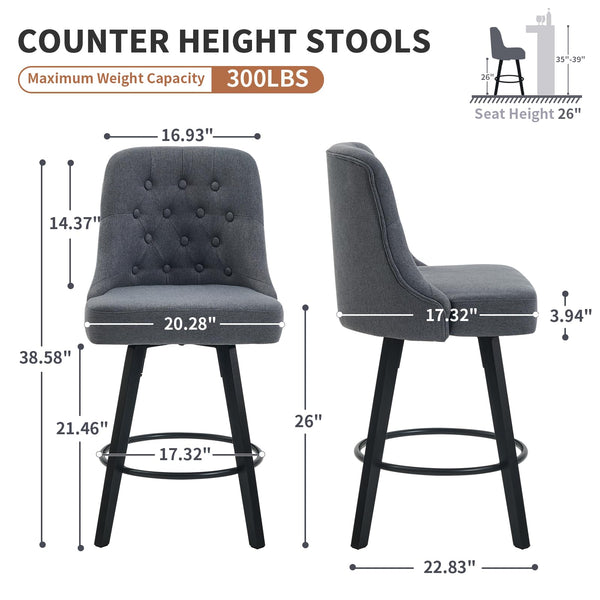 Viroformo 26" Linen Fabric Upholstered Counter Height Bar Stools with Backs and Wood Legs, 360° Swivel, Modern Mid-Century Dining Chairs for Kitchen Island