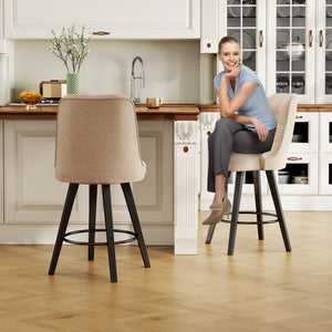 Viroformo 26" Linen Fabric Upholstered Counter Height Bar Stools with Backs and Wood Legs, 360° Swivel, Modern Mid-Century Dining Chairs for Kitchen Island