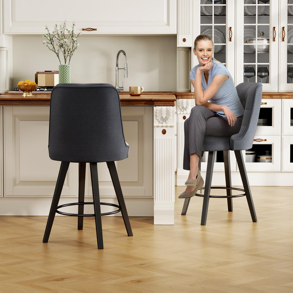 Viroformo 26" Linen Fabric Upholstered Counter Height Bar Stools with Backs and Wood Legs, 360° Swivel, Modern Mid-Century Dining Chairs for Kitchen Island