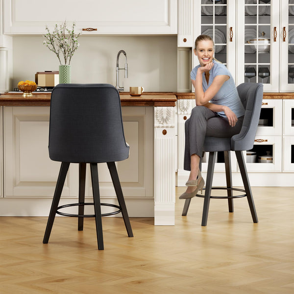 Viroformo 26" Linen Fabric Upholstered Counter Height Bar Stools with Backs and Wood Legs, 360° Swivel, Modern Mid-Century Dining Chairs for Kitchen Island