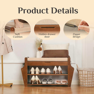 3-Tier Bamboo Shoe Bench with Cushion