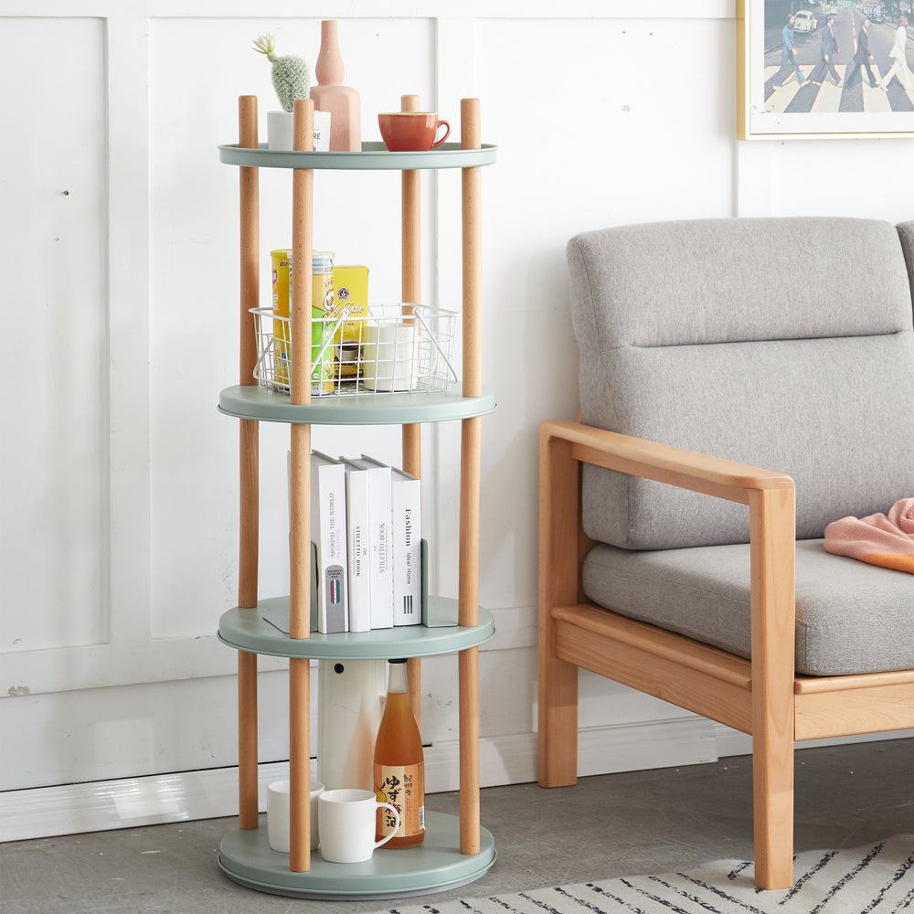 Blue Solid Wood 360° Rotating Bookshelf with Large-Capacity Storage, 4 Tier Multifunctional Storage Rack