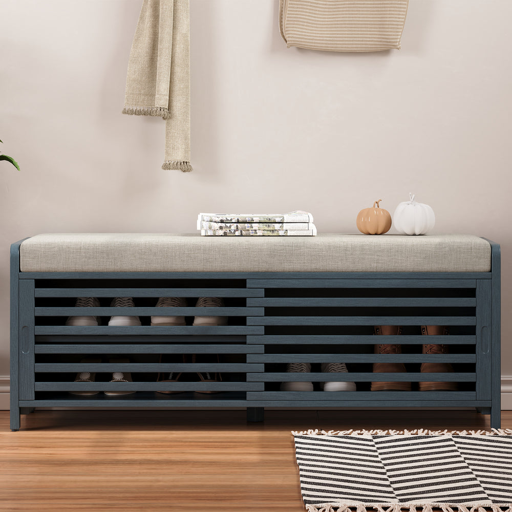 Navy Shoe Bench with Storage and Cushion - Distressed Shutter Design Retro Entryway Bench for Living Room or Hallway