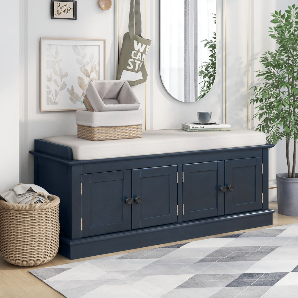 Antique Navy Storage Bench with 4 Doors and Adjustable Shelves, Removable Cushion, MDF and Pine Wood