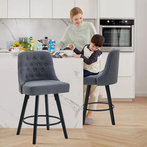 Viroformo 26" Linen Fabric Upholstered Counter Height Bar Stools with Backs and Wood Legs, 360° Swivel, Modern Mid-Century Dining Chairs for Kitchen Island