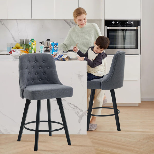 Viroformo 26" Linen Fabric Upholstered Counter Height Bar Stools with Backs and Wood Legs, 360° Swivel, Modern Mid-Century Dining Chairs for Kitchen Island