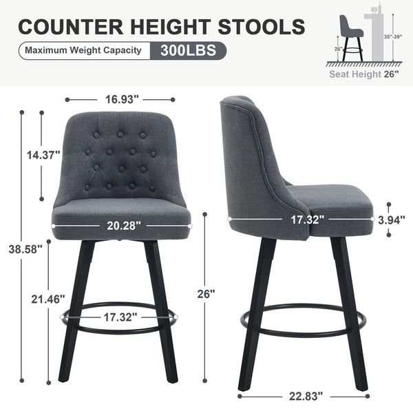 Viroformo 26" Linen Fabric Upholstered Counter Height Bar Stools with Backs and Wood Legs, 360° Swivel, Modern Mid-Century Dining Chairs for Kitchen Island