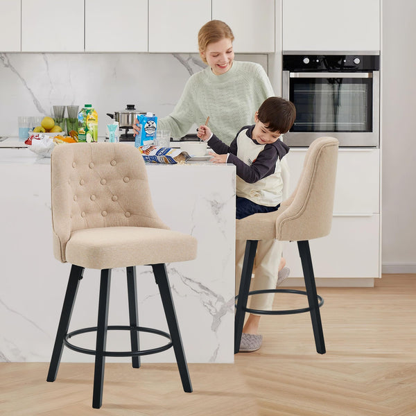 Viroformo 26" Linen Fabric Upholstered Counter Height Bar Stools with Backs and Wood Legs, 360° Swivel, Modern Mid-Century Dining Chairs for Kitchen Island