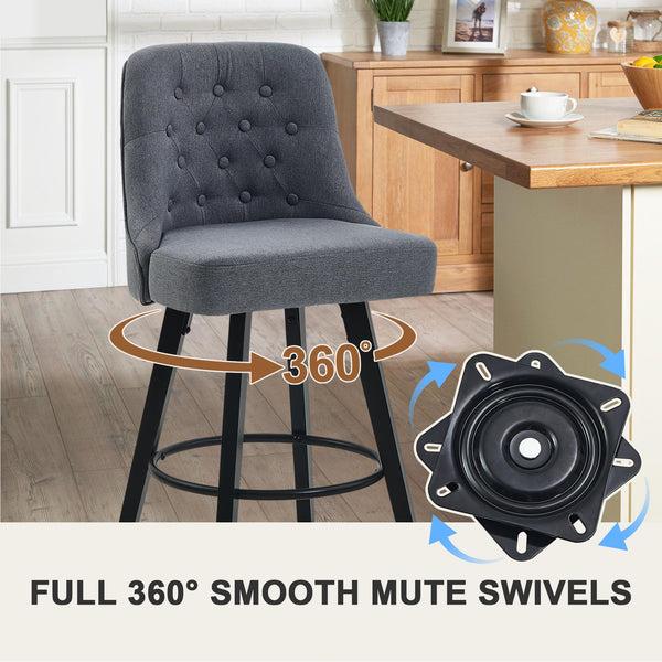 Viroformo 26" Linen Fabric Upholstered Counter Height Bar Stools with Backs and Wood Legs, 360° Swivel, Modern Mid-Century Dining Chairs for Kitchen Island