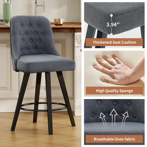 Viroformo 26" Linen Fabric Upholstered Counter Height Bar Stools with Backs and Wood Legs, 360° Swivel, Modern Mid-Century Dining Chairs for Kitchen Island