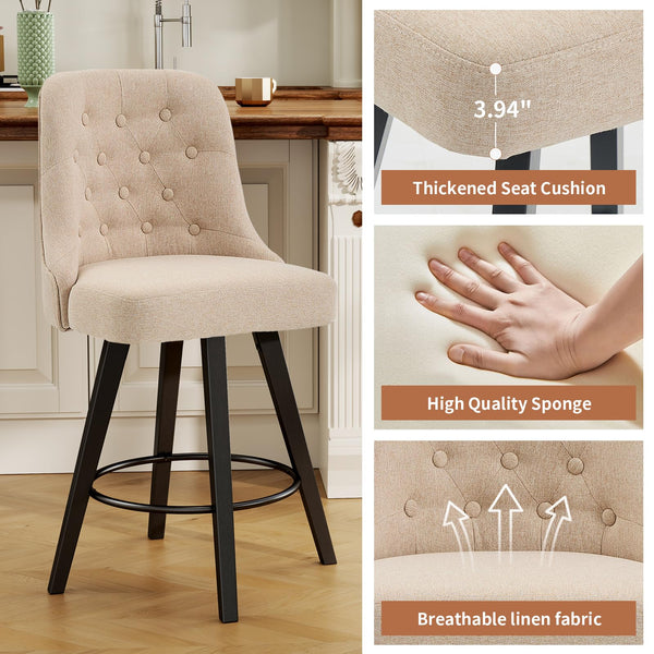 Viroformo 26" Linen Fabric Upholstered Counter Height Bar Stools with Backs and Wood Legs, 360° Swivel, Modern Mid-Century Dining Chairs for Kitchen Island