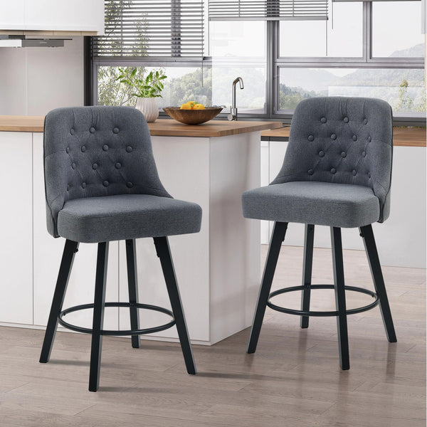 Viroformo 26" Linen Fabric Upholstered Counter Height Bar Stools with Backs and Wood Legs, 360° Swivel, Modern Mid-Century Dining Chairs for Kitchen Island