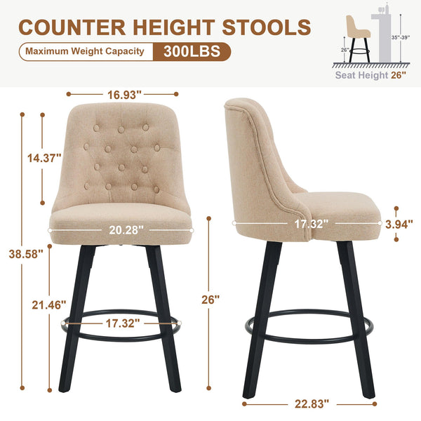 Viroformo 26" Linen Fabric Upholstered Counter Height Bar Stools with Backs and Wood Legs, 360° Swivel, Modern Mid-Century Dining Chairs for Kitchen Island