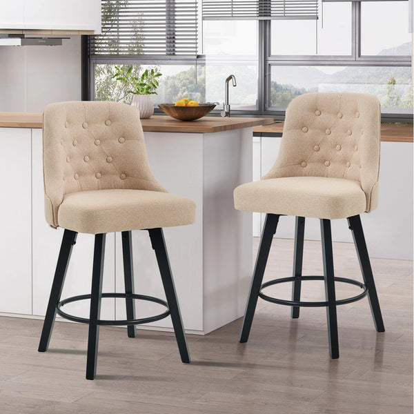 Viroformo 26" Linen Fabric Upholstered Counter Height Bar Stools with Backs and Wood Legs, 360° Swivel, Modern Mid-Century Dining Chairs for Kitchen Island