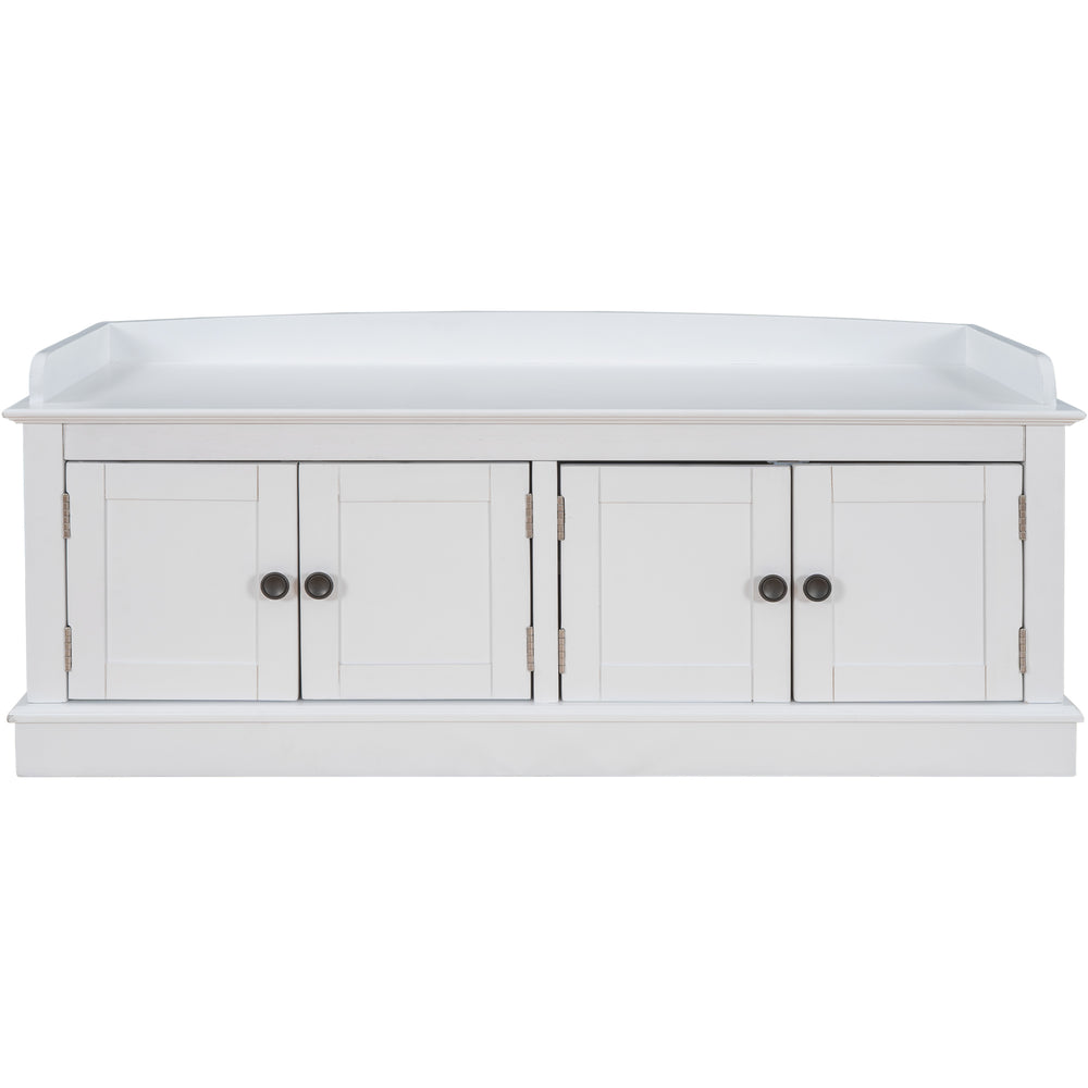 Storage Bench with 4 Doors and Adjustable Shelves, Removable Cushion, White, MDF and Pine Wood