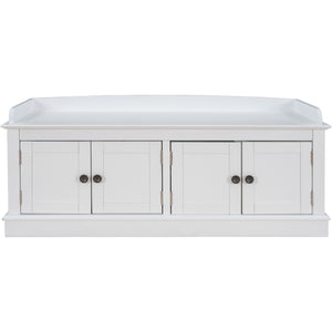 Storage Bench with 4 Doors and Adjustable Shelves, Removable Cushion, White, MDF and Pine Wood