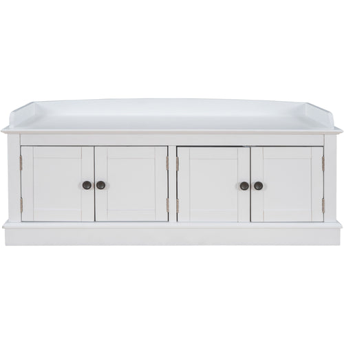 Storage Bench with 4 Doors and Adjustable Shelves, Removable Cushion, White, MDF and Pine Wood