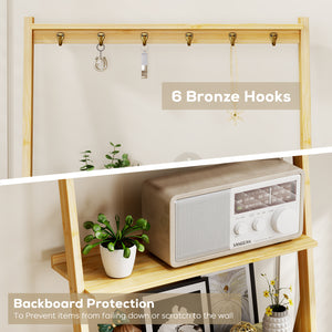 Wooden shelf featuring 6 bronze hooks, a radio, and plants, with backboard protection to prevent falls or scratches.