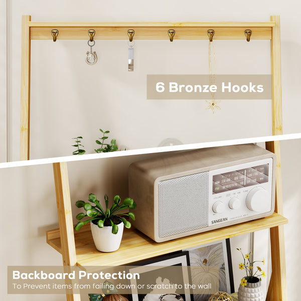 Wooden shelf featuring 6 bronze hooks, a radio, and plants, with backboard protection to prevent falls or scratches.