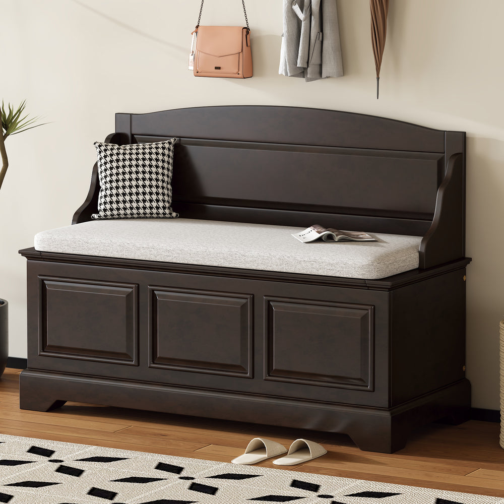 Espresso Retro Shoe Storage Bench with Cushion - Safe Soft-Close Storage Chest with Hidden Compartment for Entryway, Hallway, or Living Room