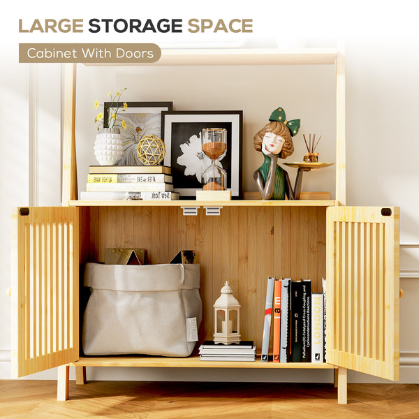 A stylish cabinet with open shelves and closed doors, featuring decorative items, books, and a storage bag, set against a well-lit backdrop.