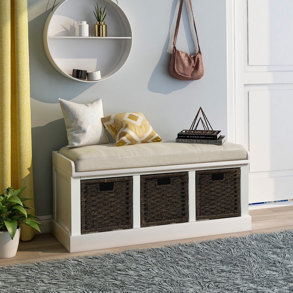 Rustic Storage Bench with 3 Removable Classic Rattan Basket , Entryway Bench Storage Bench with Removable Cushion (White)