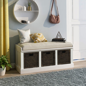 Rustic Storage Bench with 3 Removable Classic Rattan Basket , Entryway Bench Storage Bench with Removable Cushion (White)