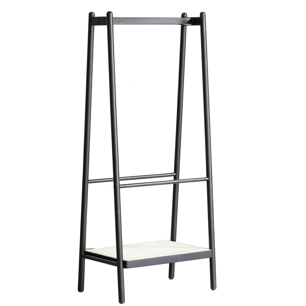 Black Solid Oak Clothes Rack with Shelves - Rattan Garment Organizer & Freestanding Wardrobe Hanger for Bedroom or Entryway