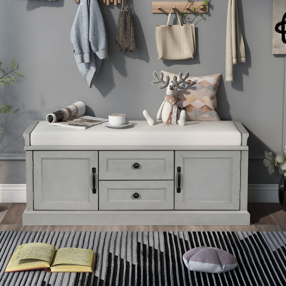 Gray Wash Storage Bench with 2 Drawers and 2 Cabinets - Shoe Bench with Removable Cushion for Living Room or Entryway